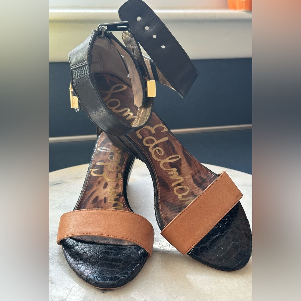 Sam Edelman Brown and Black Leather Block Heel Sandals